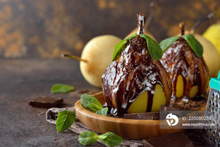 Pear with chocolate sauce