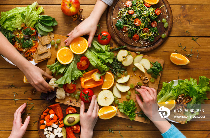 Dinner table, women eat healthy food at home kitchen