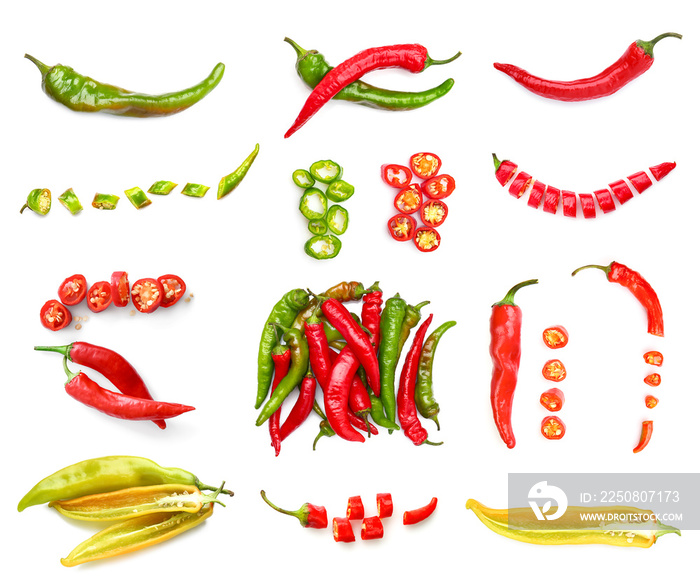 Set with hot chili peppers isolated on white