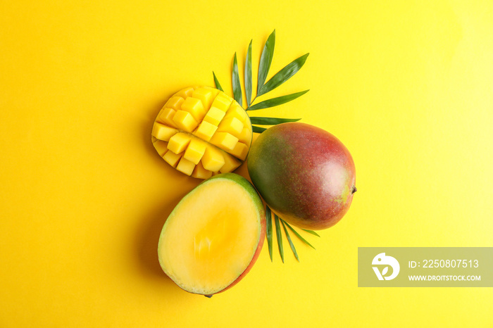 Fresh tropical ripe mango on color background, top view