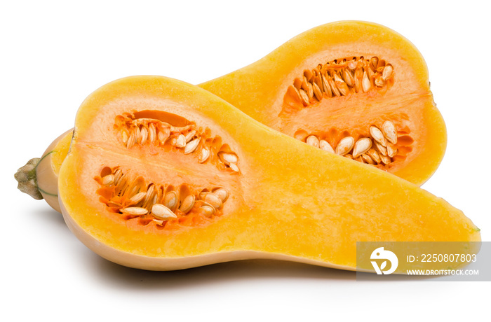 切成两半的南瓜（Butternut squash（Pumpkin）），白色隔离，带有修剪路径。