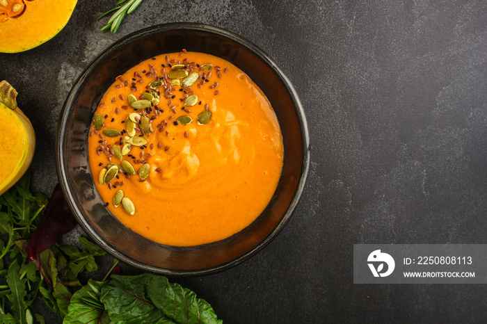 pumpkin or carrot cream soup (first course, healthy food, diet) menu concept. food background. copy 