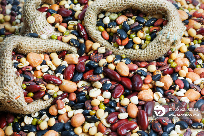 一组五颜六色的各种豆类或小扁豆和全谷物种子