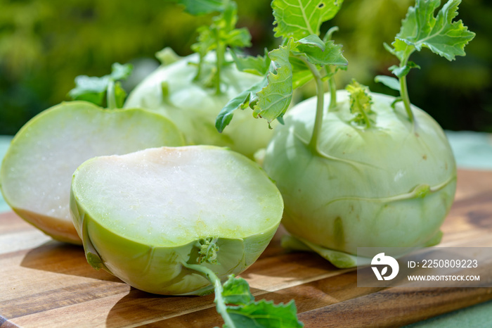 Fresh ripe bio white cabbage kohlrabi from organic farm, close up