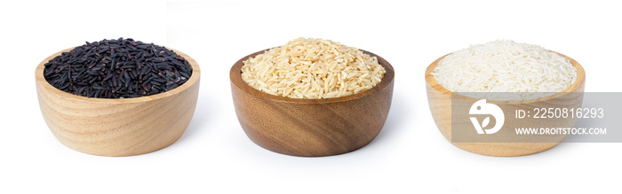 Various type and color of rice ;  riceberry ,brown coarse rice and white thai jasmine rice in wooden