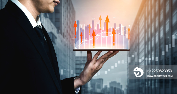 Double Exposure Image of Business and Finance - Businessman with report chart up forward to financia