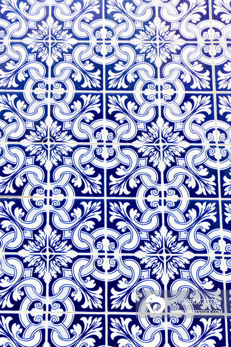 带有蓝色花卉边框的传统复古瓷砖的垂直照片