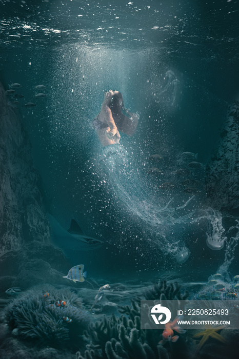 underwater fantasy scene half woman half jellyfish   swims to the surface