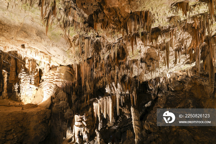 斯洛文尼亚Postojna洞穴。洞穴内有钟乳石和石笋的地层