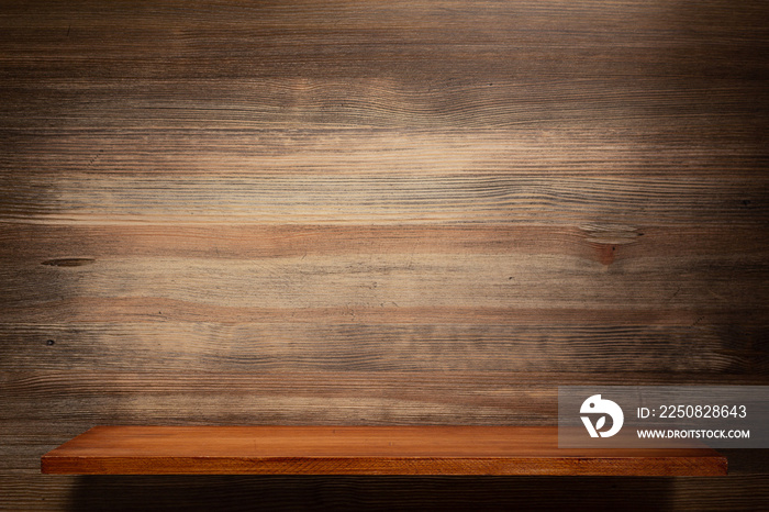 Wooden shelf and wood background of wall texture. Brown book shelf at wall background