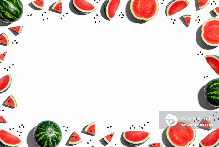 Whole and sliced watermelon border on a white background