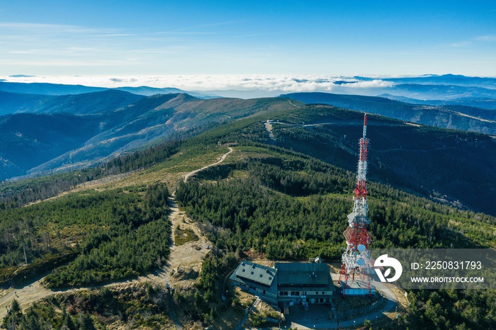 Polish mountains in Silesia Beskid in Szczyrk. Skrzyczne hill inPoland in autumn, fall season aerial