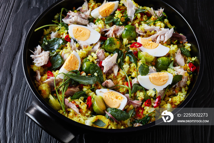 close-up of Kedgeree with flaked smoked fish