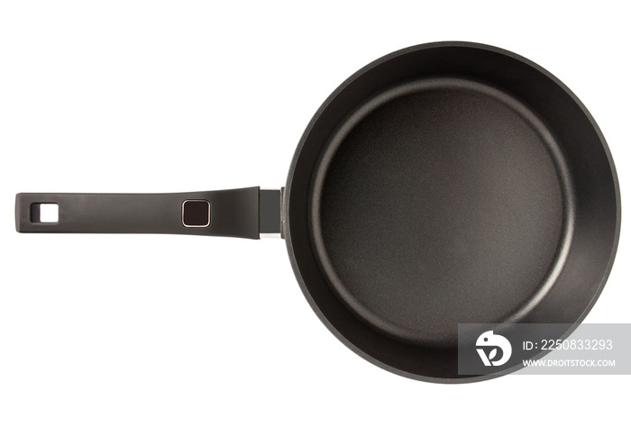 Frying pan with non-stick coating isolated on white background. New kitchen utensil cookware. Close 