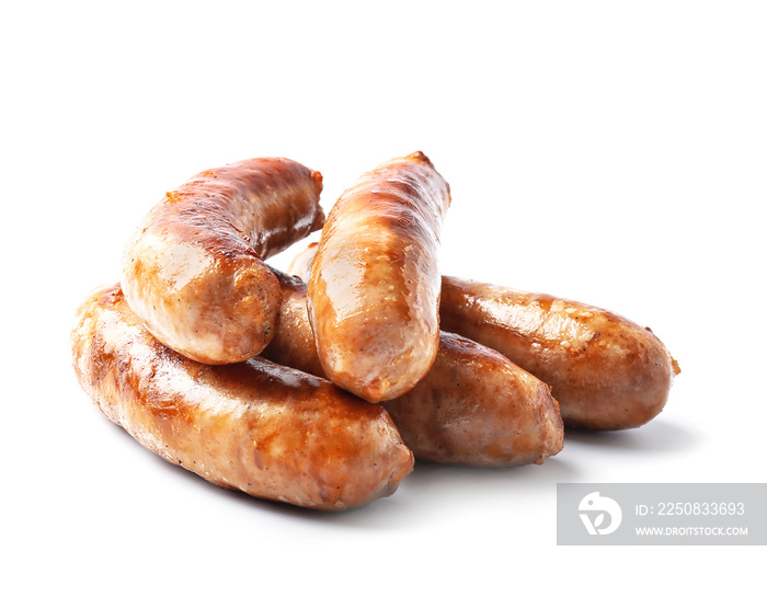 Tasty grilled sausages on white background