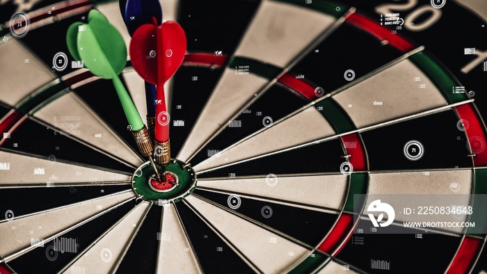 Conceptual of challenge in business marketing bullseye and intelligent customer reaching. The dart i