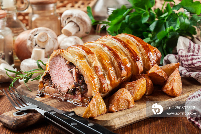 Pork tenderloin in wellington style in puff pastry