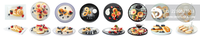 Plates with tasty cottage cheese pancakes on white background