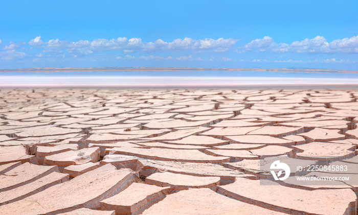 Environment lake Concept - Large expansive sandy and dry salt lake  with cracked mud
