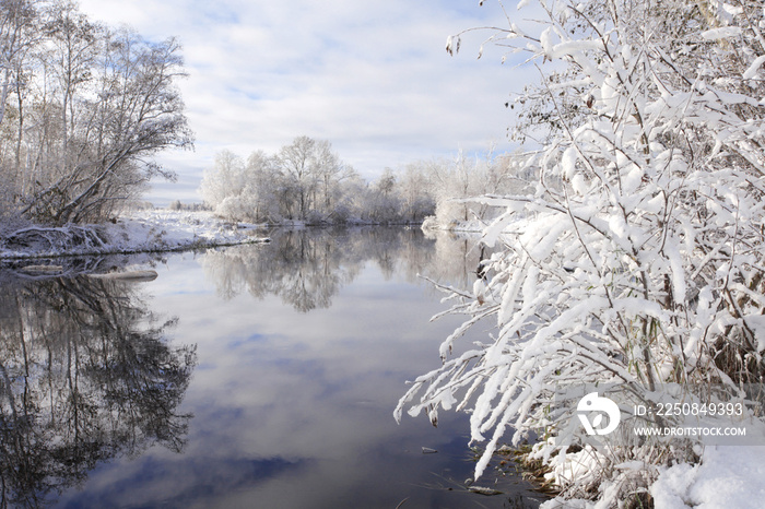 True winter wonderland with snow covered trees on a river bank in Estonian countryside, Europe