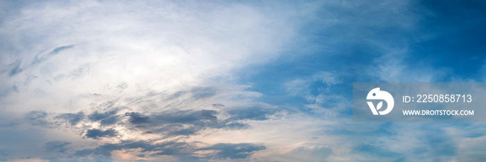 Panorama sky with cloud on a cloudy sunrise or sunset. Panoramic image.
