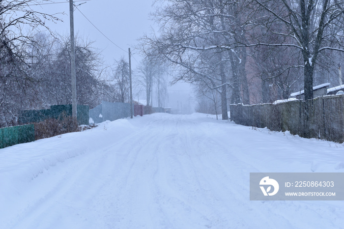 图为一条乡村街道，道路被雪覆盖。