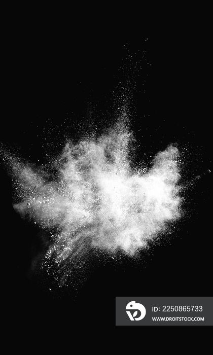 白色抽象灰尘叠加纹理粉末飞溅叠加爆炸在黑色上。