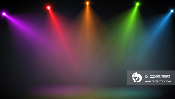 带有彩色聚光灯或几个用于场景照明效果的明亮投影仪的空舞台摘要