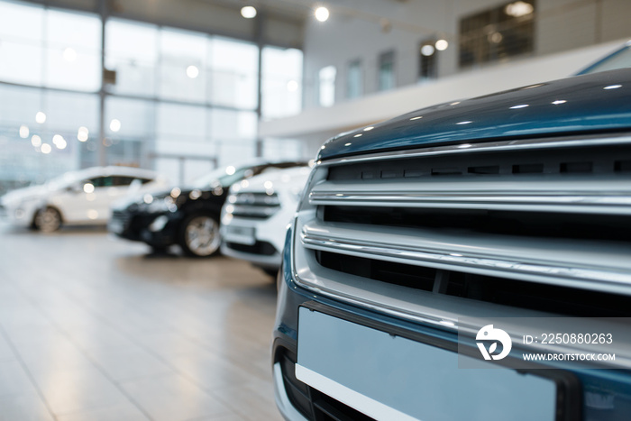 Car dealership, closeup view on radiator grille