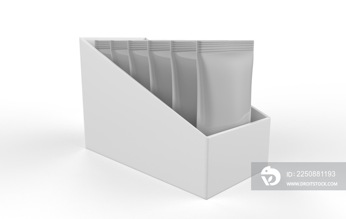 Box with Metallic Sachets Mockup on white background. 3d illustration