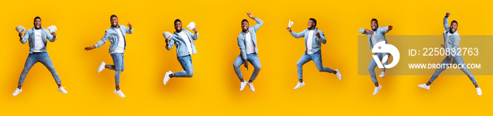 Collage of funny afro guy jumping in air on yellow background