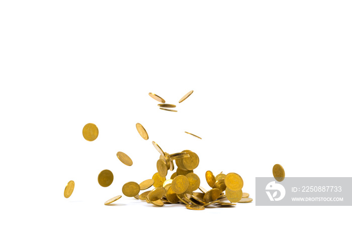 Falling gold coins money isolated on the white background, business concept.