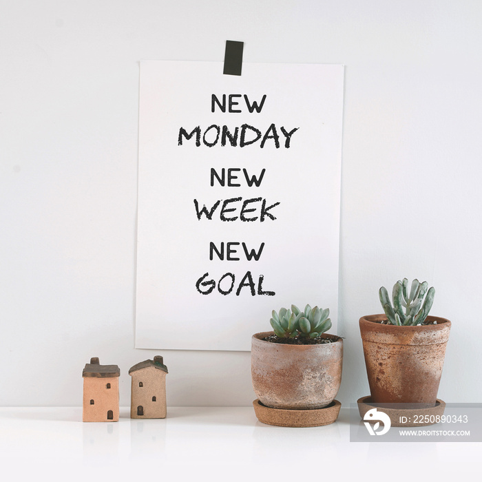 Inspirational quote  New Monday, new week, new goal . Cactus in clay pots over white background.