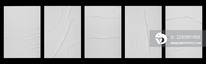 white paper wrinkled poster template , blank glued creased paper sheet mockup.