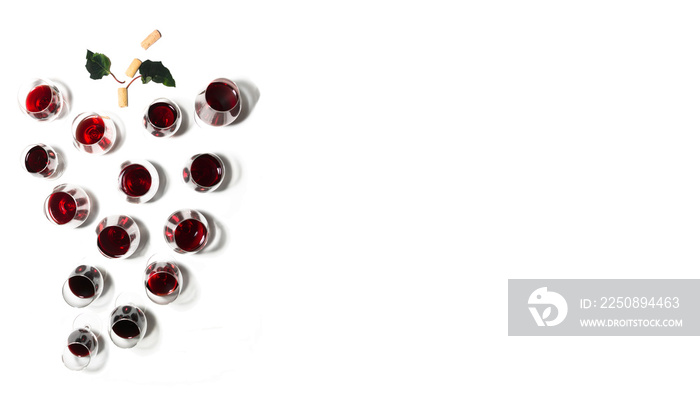 Banner of wine glasses placed forming a bunch of grapes with white background. Announcement with lar