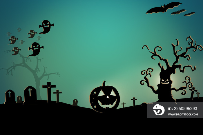 Halloween background wtih spooky bats and pumpkins.Space for you