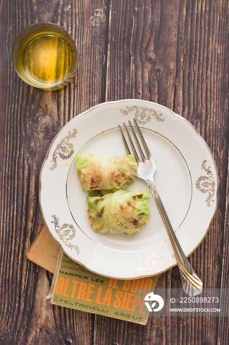 Vegan cabbage stuffed rolls on a dark background