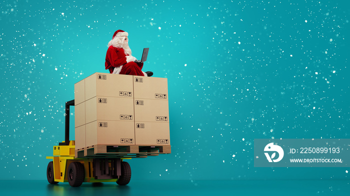 Santa Claus reads from laptop presents request and boxes to delivery