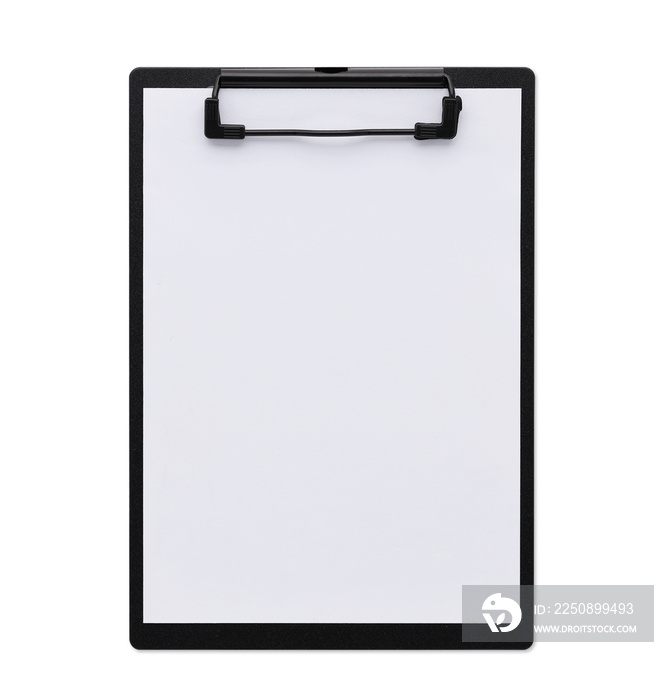 Top view closed up black clipboard isolated and white background with blank paper and clipping path