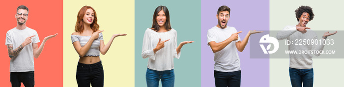 Composition of african american, hispanic and chinese group of people over vintage color background 