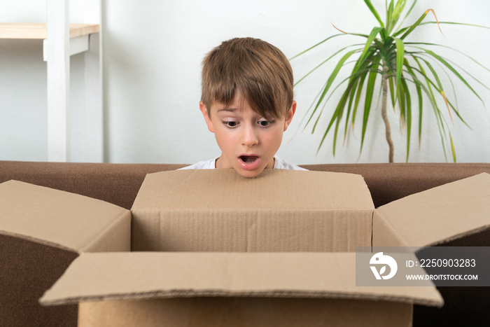 Boy looks in surprise in large open box. Surprise for the child.