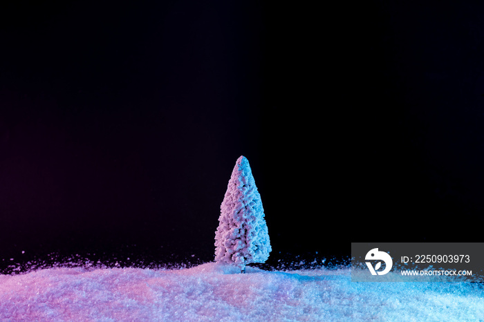 Snowy Christmas tree in vibrant bold gradient holographic colors. Concept art. Minimal New Year surr