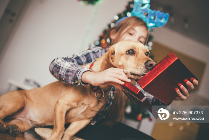 女孩和她的狗坐在一起，打开圣诞礼物