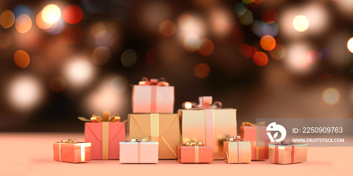 豪華なプレゼントと光り輝くピンクの背景 Christmas & New Year Gorgeous gifts and glowing pink background