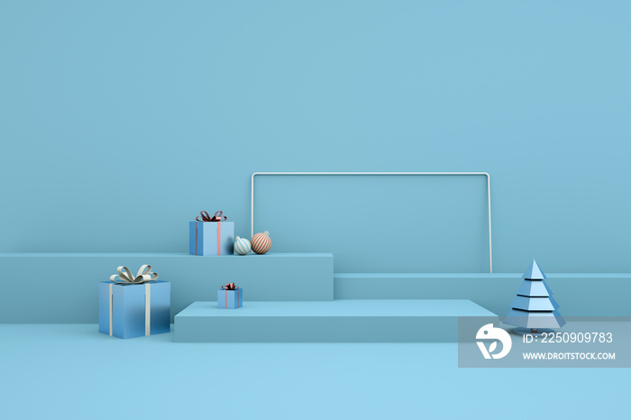 Merry Christmas and Happy New Year 3d rendering with xmas balls, christmas tree, gift box, platform 