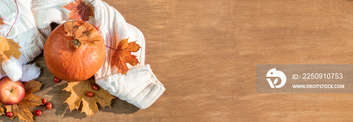 木桌背景上的秋天、落叶、南瓜和温暖的毛衣。全景图片