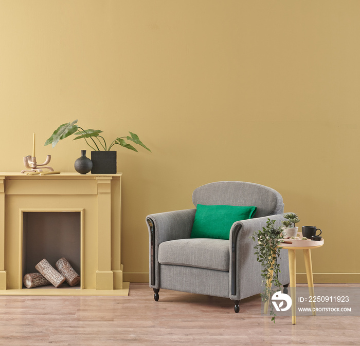 Modern furniture armchair decoration style with yellow fireplace and background wall.