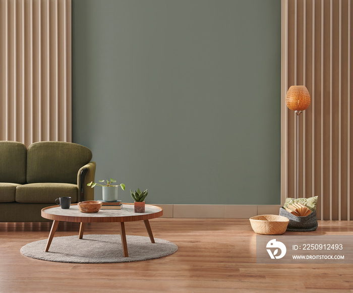 绿色墙壁背景，极简主义沙发，大理石花纹木沙发，灰色地毯，海报，灯和fr