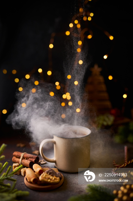 mug of hot chocolate surrounded by Christmas decorations