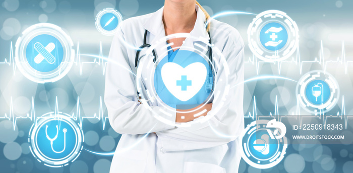 Medical Healthcare Concept - Doctor in hospital with digital medical icons graphic banner showing sy